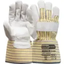 Handschoen type WORKER Geel/Blauwe streep, rundsnerfleer, kap 10cm