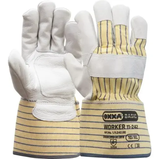Handschoen type WORKER Geel/Blauwe streep, rundsnerfleer, kap 10cm